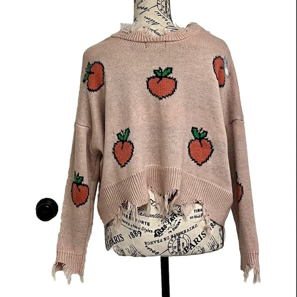 Just Polly Pink Distressed Strawberry Print Knit Sweater Women’s Long Sleeve M - Picture 5 of 9